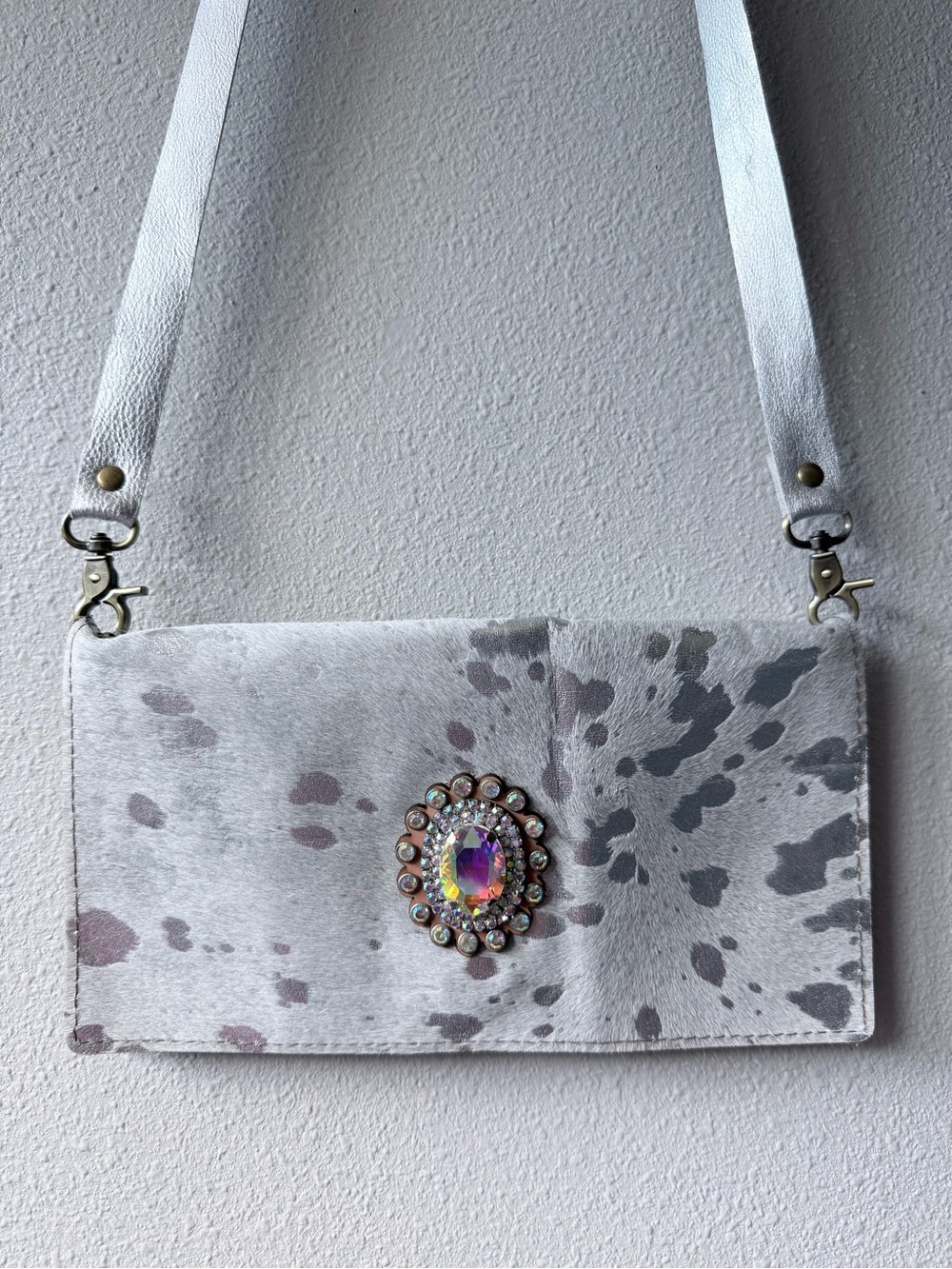 Keep it Gypsy Acid Wash Silver Cowhide Crossbody Bag Hair on Hide Leather